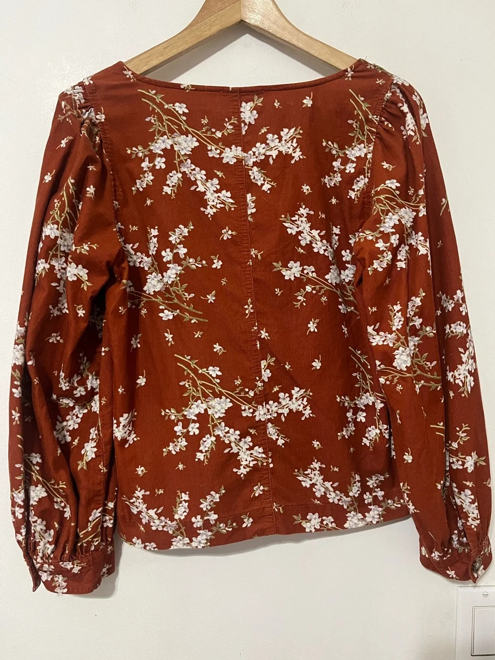 Madewell Top Womens Medium‎ Orange Corduroy Floral Puff Sleeve Boho Cottagecore